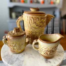 Frankoma Pottery Tea Pot• Creamer• Sugar in Mayan Aztec Pattern Vintage 4 Piece
