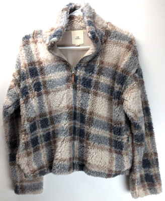 Thread & Supply Womens Crop Fleece Teddy Jacket 1/4 Zip Pullover Plaid XS