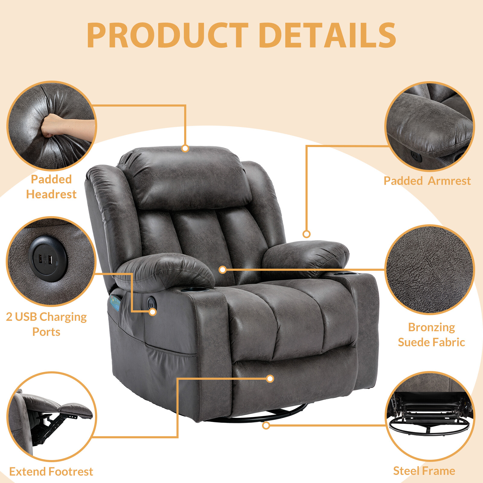 360° Swivel Overstuffed Manual Massage Glider Recliner with Heat and