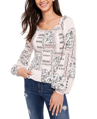 American Rag Juniors'' Printed Smocked Poet-Sleeved Blouse White Size XX-Small