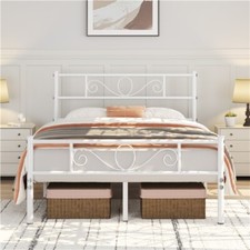 4ft6 Double Bed Metal Slatted Bed Solid Iron Bed w/ Headboard & Footboard White
