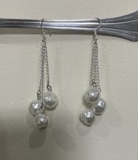 Fashion Women's 925 silver hook Alex Polizzi style Faux Pearls Long Earrings