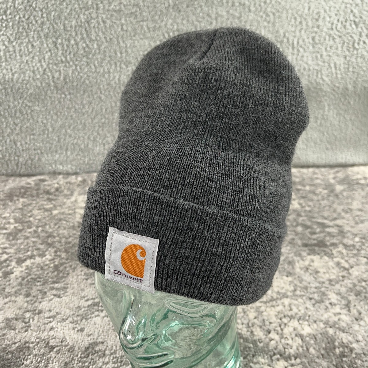 Carhartt Beanie Hat Cap Mens One Size Grey Knit Cuffed Logo Y2K