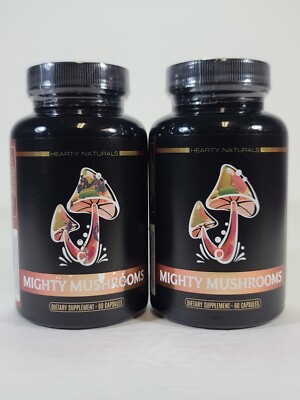 2x Hearty Naturals Mighty Mushroom Immune System Energy Clarity 60 Capsules 2027