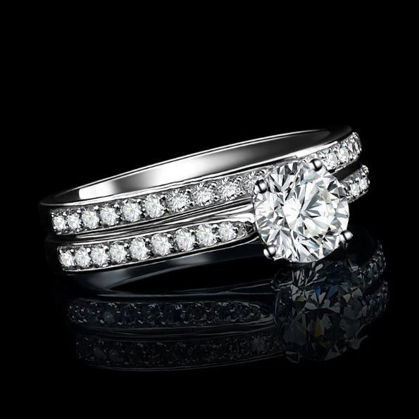 Women s White Gold Plated Cubic Zirconia Engagement Wedding Ring TWO Piece Set