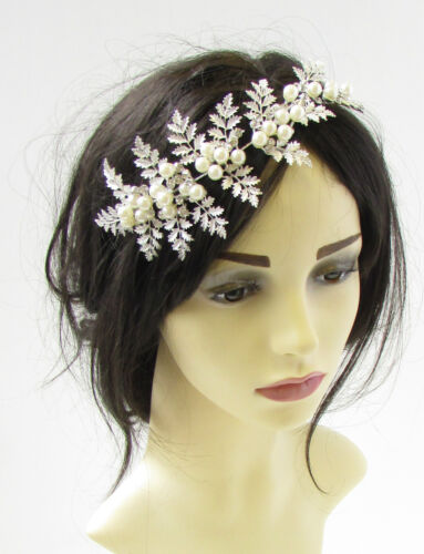 Silver Leaf Ivory White Pearl Headdress Headpiece Headband Bridal Hair Vine 785 - Afbeelding 1 van 4