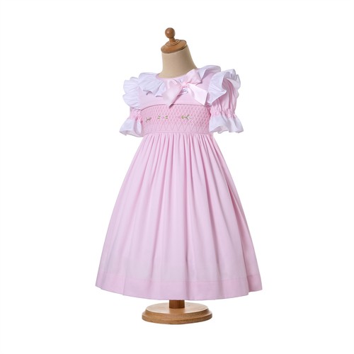 Girls Birthday Party Smocked Dresses Pink Ruffle Sleeves Bowknot Summer Dresses