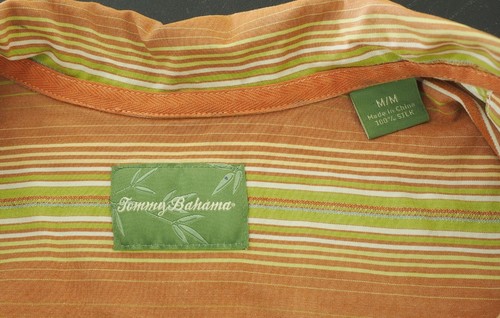 Tommy Bahama Camp Shirt Mens Medium Orange Striped 100% Silk Aloha Hawaiian - Picture 3 of 3