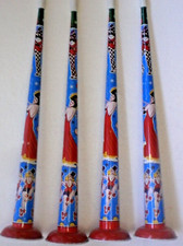  4 RARE Vintage US Metal Toy MFG Co Tin Litho Large Noisemaker 17" Horn Dancers