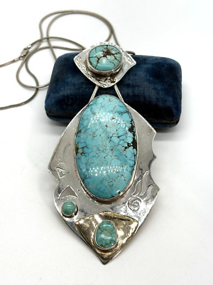 David Lee & Sassi LaMuth Spiderweb Turquoise Sterling 14k Gold Pendant Necklace