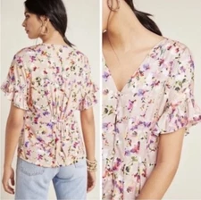 Anthropologie DOLAN Left Coast Mitzi Floral Top Shirt Blouse Pleated Pink Sz 1X