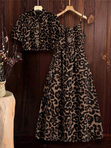 Shein Clasi 2Pcs Set Women Leopard Print Dress And Leopard Print Blouse Leopard