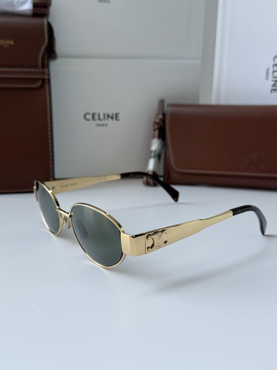 Celine CL40235U 30N Triomphe Metal Oval Sunglasses Gold Green Lens