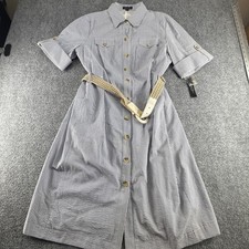 Tahari Arthur S Levine Valerie Seersucker Striped Belted DRESS Blue White 16