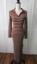 Mirol Long Sleeves V-neck Sweater Dress Khaki Stripes Size Medium