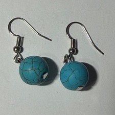 Silver Tone Dangle Earrings Turquoise Stone Bead Bohemian Nature 10mm