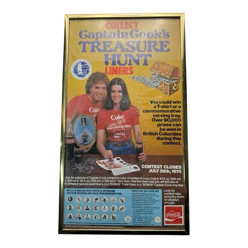 Vintage 1978 Coca-Cola Captain Cook Treasure Hunt Framed Promo Poster 12x7