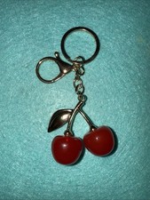 Cherry Bag Charm Keychain Resin and Metal Gold tone