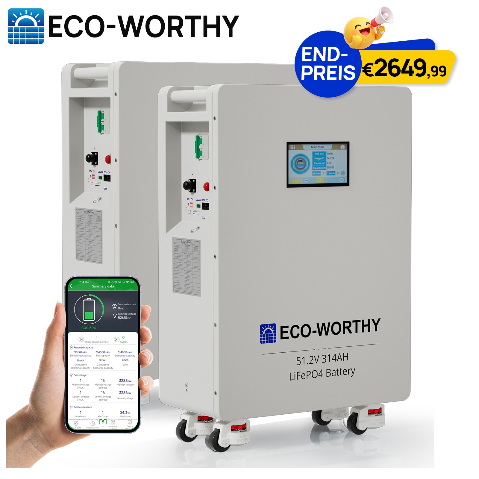 ECO-WORTHY 32kWh Batteriespeicher Solar Speicher 2x16kWh Akku 48V 314AH LiFePO4