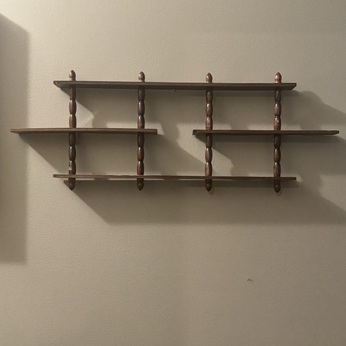 2 Vtg MCM Wooden Knick Knack Wall Display Shelf Rack Spindle 24