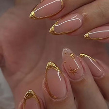 Press on Nails Almond Fake Nails with Gold Line Design Glue on Nails Acrylic Nai