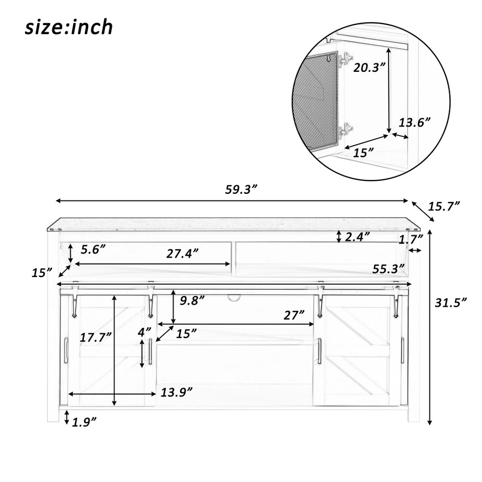 59.3in Farmhouse Sideboard Sliding Barn Door Mesh Panels Open Storage - Image 2 of 4