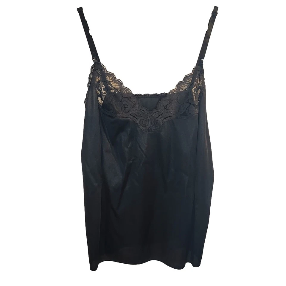 Camisola vintage Vanity Fair de nailon negra con cordones correas ajustables 34 busto Foto 2 de 4