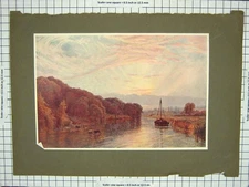 Original Old Antique Print Colour Cattle Boat River Trees Clouds Sky