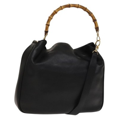 GUCCI Bamboo Hand Bag Leather 2way Black Gold 001 1577 Auth 133277