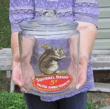 Squirrel Brand 5 Cent Salted Jumbo Peanuts Glass Advertising Counter Top Jar