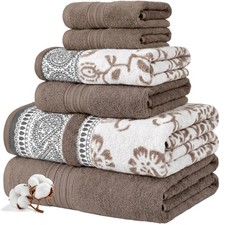 6 PCS Taupe Brown Reversible Floral Cotton Bath Towel Set Absorbent Soft