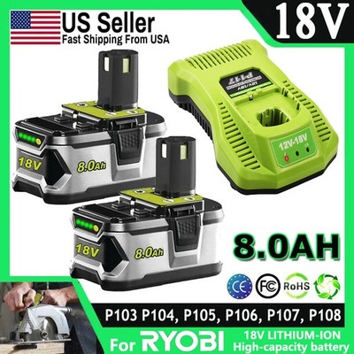 P107 18V 8.0Ah 18 Volt Lithium Battery For RYOBI P108 For One+Plus High Capacity