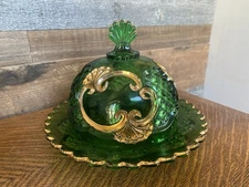 Antique 1897 EAPG Croesus Riverside Glass Emerald Green Gold Covered Butter Dish