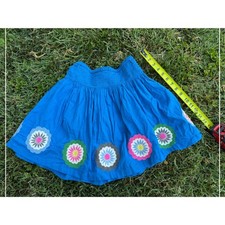 Mini BODEN Girls Blue Embroidered Floral Smocked Skirt Size 9-10Y Boho Cotton
