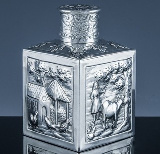 GREAT ANTIQUE COWS CHICKENS PASTORAL SCENIC REPOUSSE SILVER PLATE TEA CADDY JAR