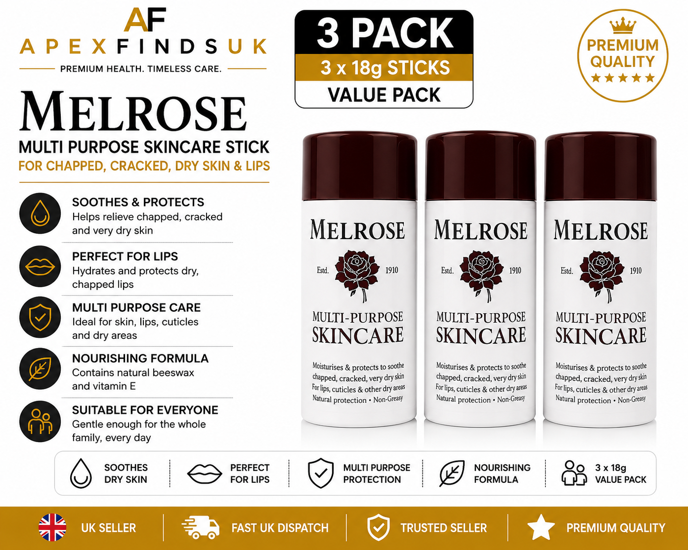 3 x Melrose Multi Purpose Skincare Stick 18g for Chapped Cracked Dry Skin & Lips