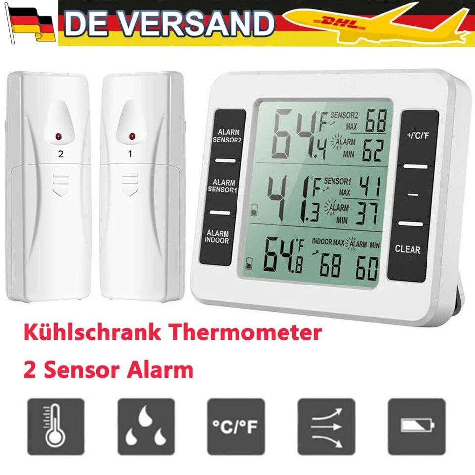 Funk Digital Kühlschrank Thermometer Gefrierschrank Temperatur + 2x Sensor Alarm