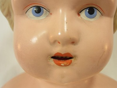 *Minerva Germany Tin Head  Lge 6 1/4'' Nice Antique, Red Eye Lines, Open Mo Teeth