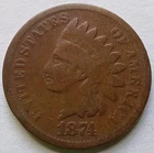 1874 Indian Head Cent Good+ Details Brown, Cleaned Penny 1C coin