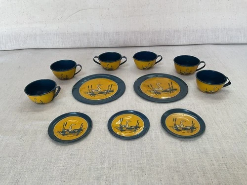 Vintage 1930's Tin Ohio Art Litho Child's Tea Set White Swan Design 11 pc.