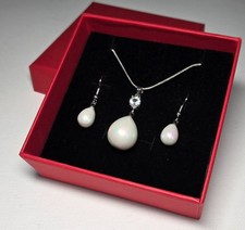 Pearl Necklace Earring set Cubic Zirconia Chain Dangle Earrings set 18" WHITE