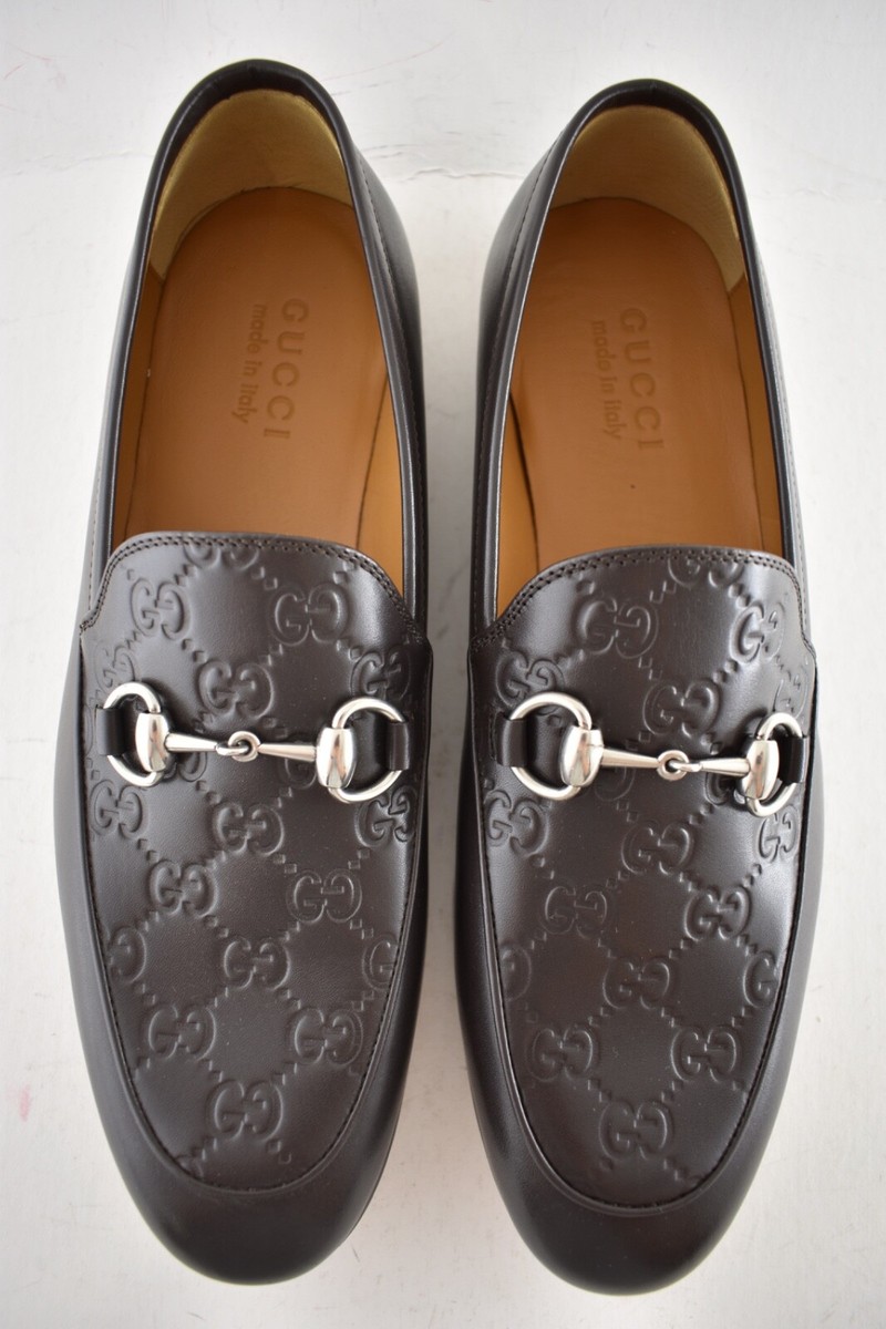 Gucci Mens Cocoa Brown Monogram Logo Leather Horsebit Loafer Flat