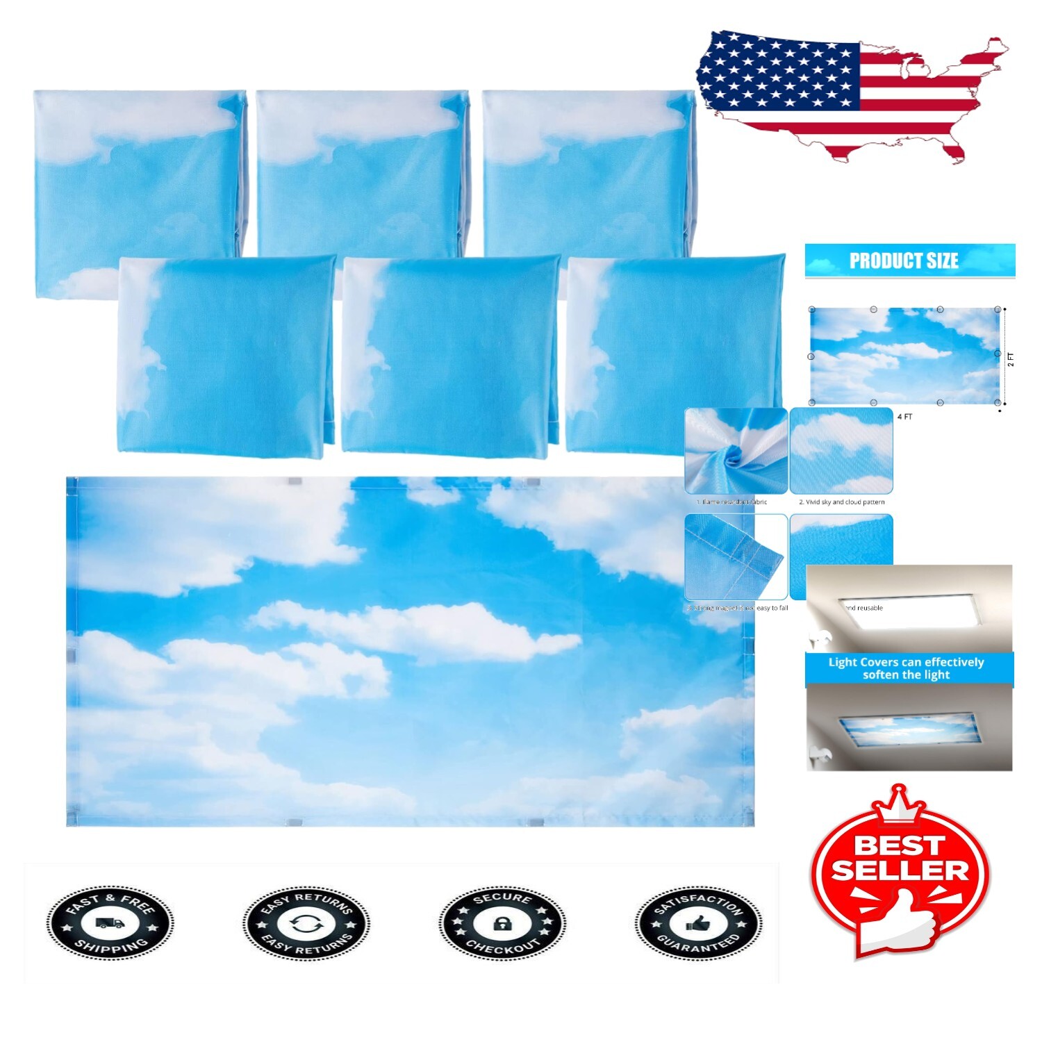 Set of 6 Magnetic Office Light Covers with Sky Blue Cloud Design - Easy Install-image