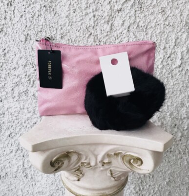 FOREVER 21 POCHETTE MAKE UP BAG COSMETICI LUREX ROSA ELASTICO CAPELLI PELUCHE