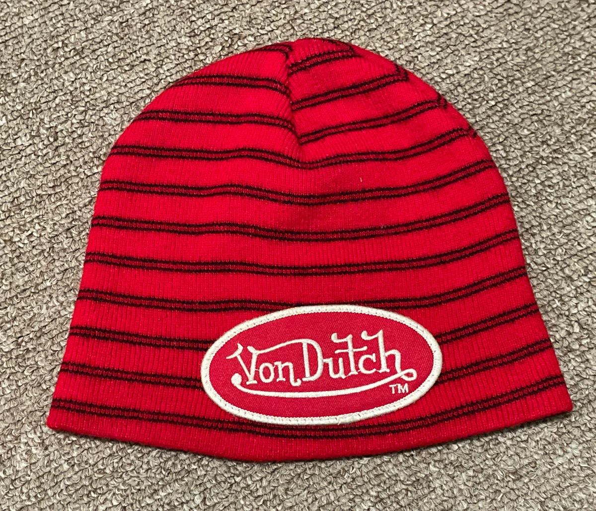 Vintage 90s Von Dutch Striped Embroidered Logo Beanie Knit Cap