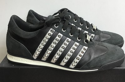 Dsquared Men Vitelli Sneaker Black Leather Silver Rock Stud Stripes NWB Size 44