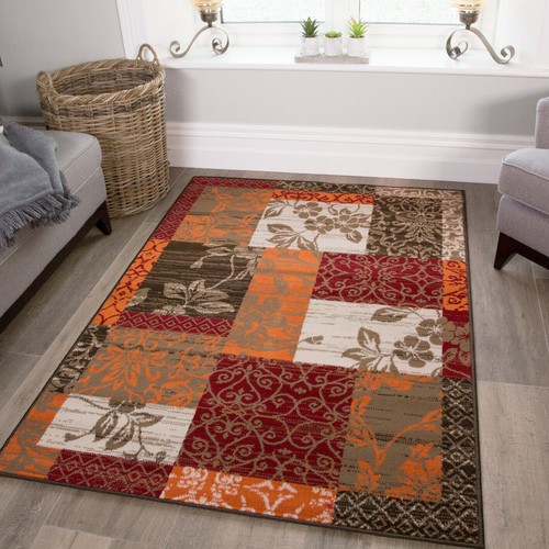 New Warm Red Orange Modern Patchwork Rugs Small Large Living Room Carpet Rugs - Picture 7 of 11