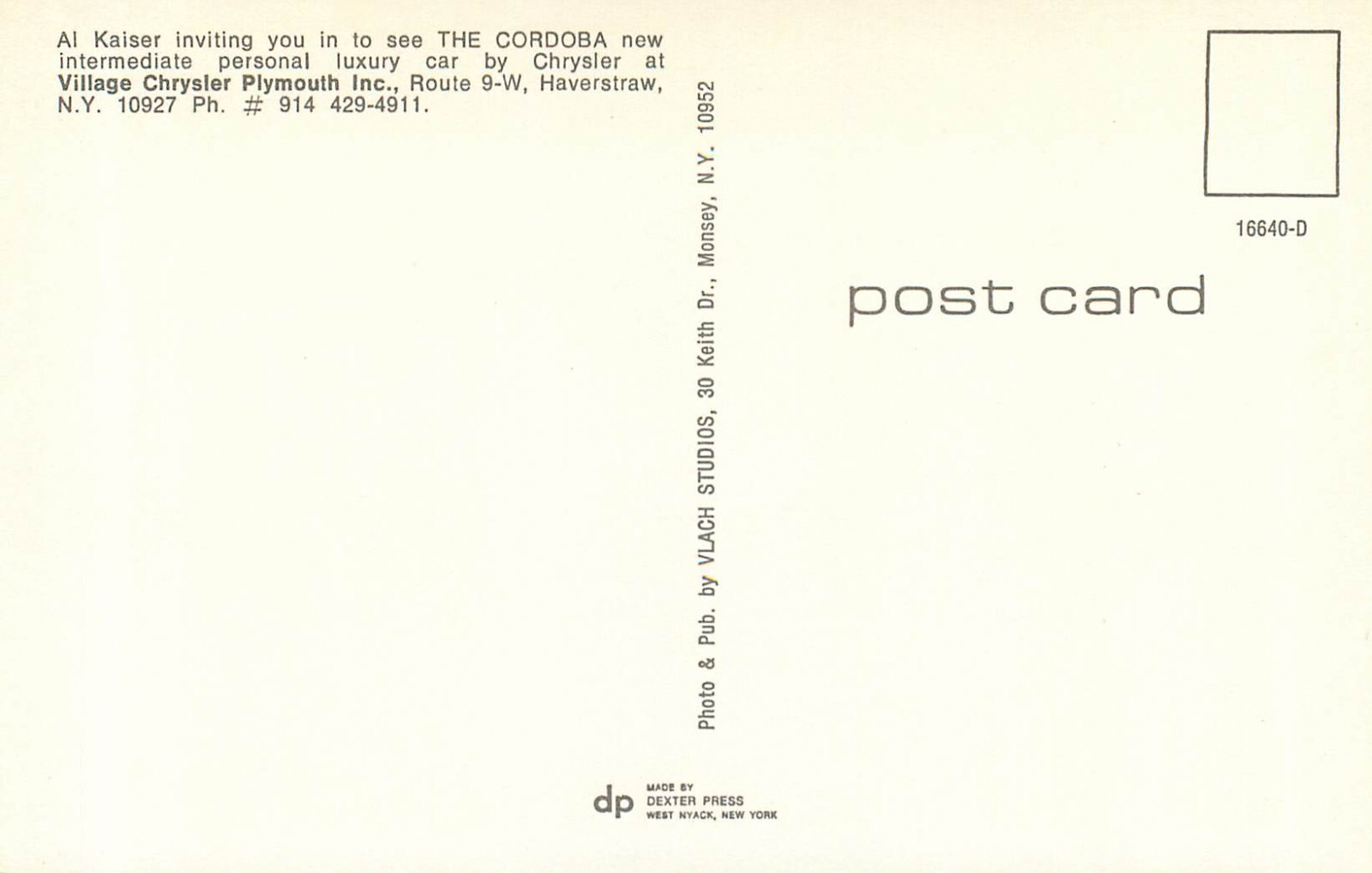 CHRYSLER, PLYMOUTH AUTO DEALER, HAVERSTRAW, NY, VINTAGE POSTCARD (R398