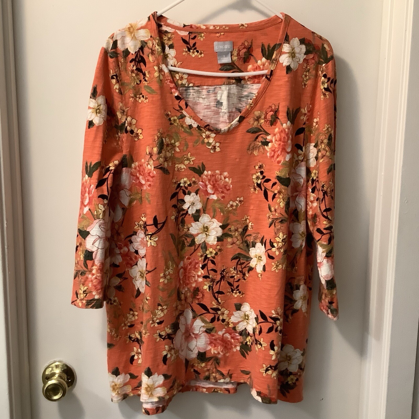 Chicos Womens 3/4 Sleeve Length Knit Top SZ 3  Coral Floral Print Cotton/ Modal