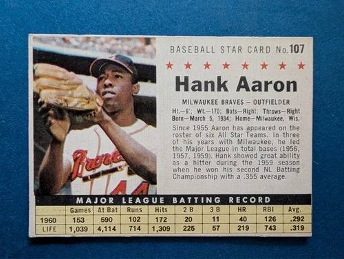 1961 Post Cereal #107 Hank Aaron Milwaukee Braves hand cut EX-NM